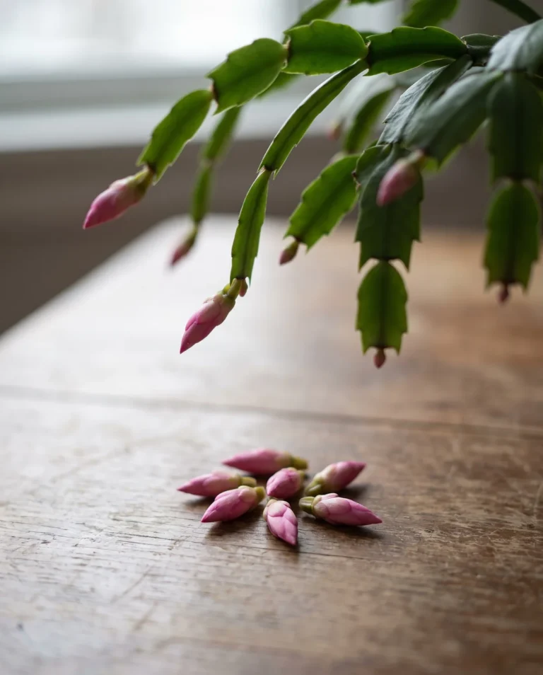 Small unopened buds fallen on a table beneath a recently moved Christmas cactus