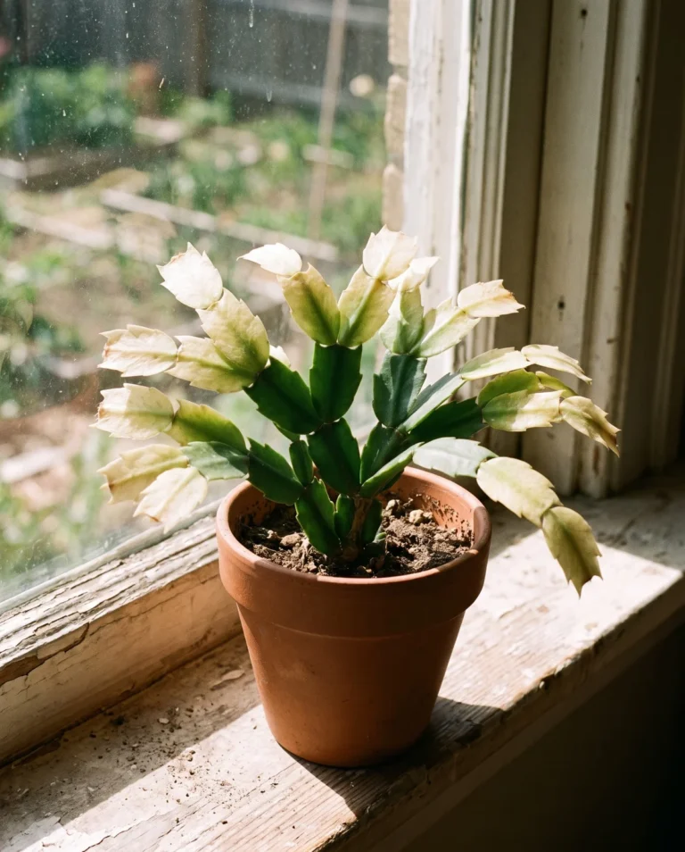 Holiday cactus with segments faded pale yellow from too much direct summer sun