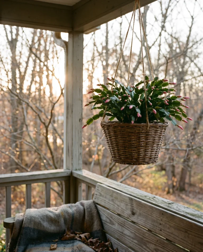 Hanging basket of Christmas cactus on a fall porch dotted with new flower buds