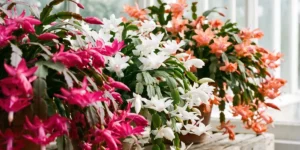 Three holiday cacti in pink, white and salmon blooming together on a plant bench