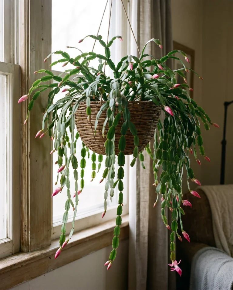 Christmas cactus in a hanging basket with arching stems pouring over the rim
