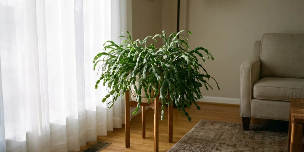 Christmas cactus set beside an east window with sheer curtain light across its segments