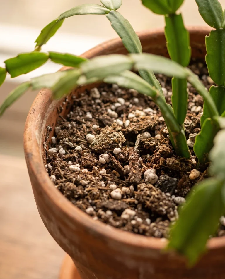 Dry surface of the airy potting mix of a Christmas cactus, ready for watering