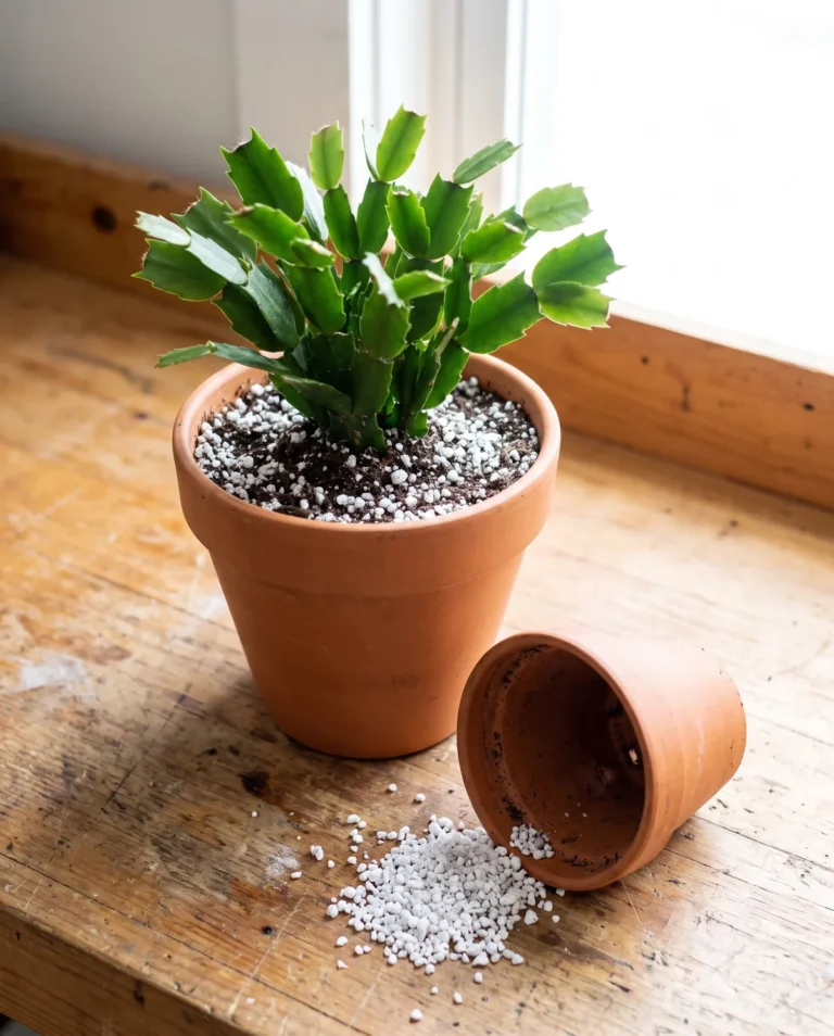 Christmas cactus freshly repotted into a barely larger pot of perlite-rich mix