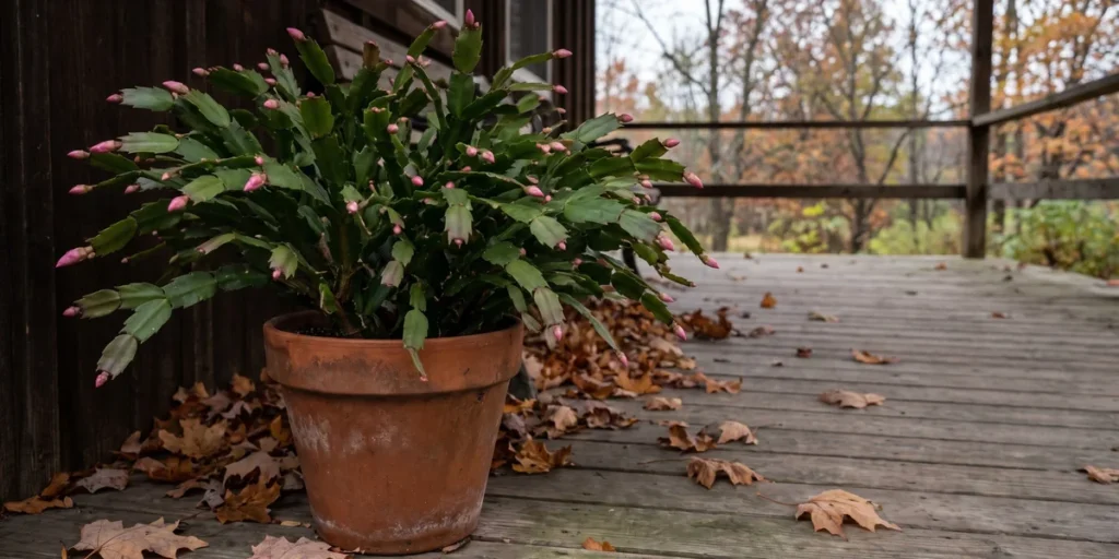 Christmas cactus on a shaded autumn porch already carrying flower buds