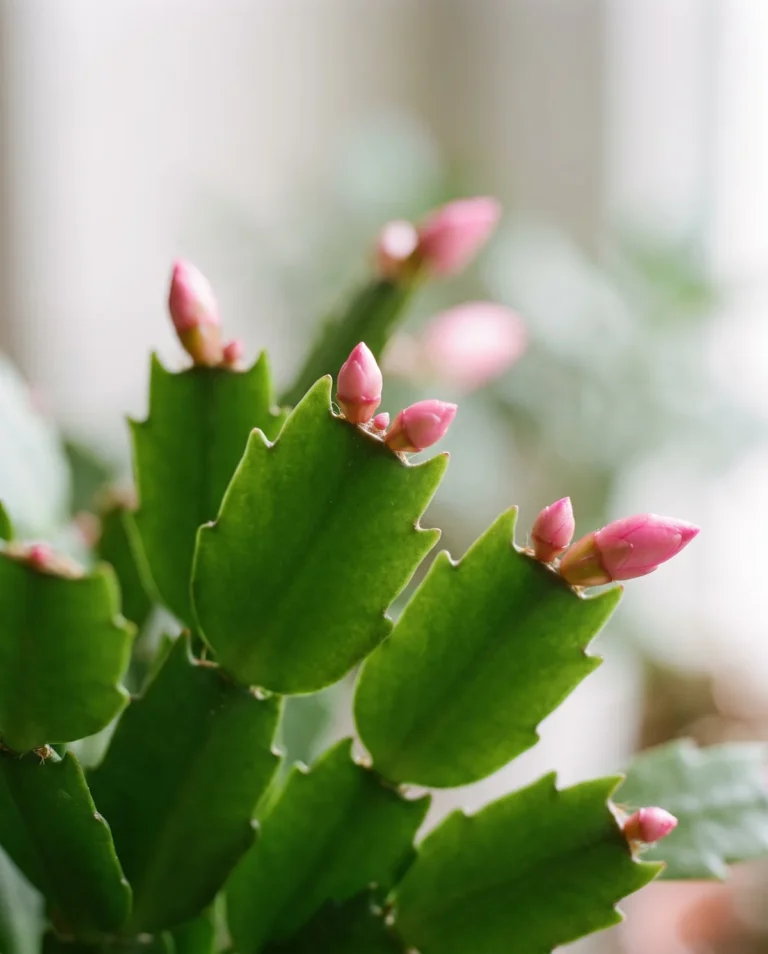 Small pink flower buds forming at the tips of Christmas cactus segments