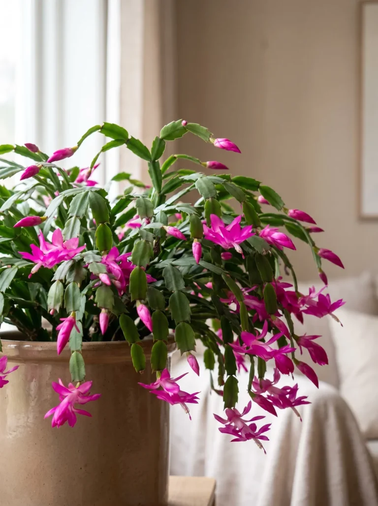Christmas cactus in full bloom with tiered pink flowers cascading over its pot