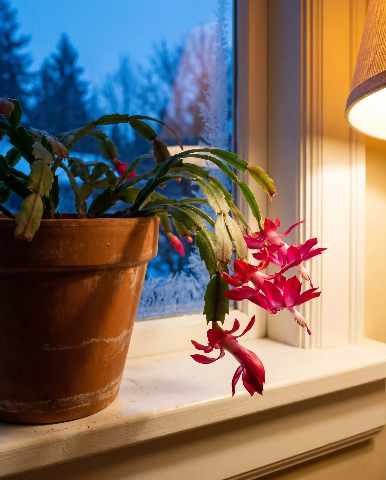 Christmas cactus with magenta flowers on a frosted living room windowsill