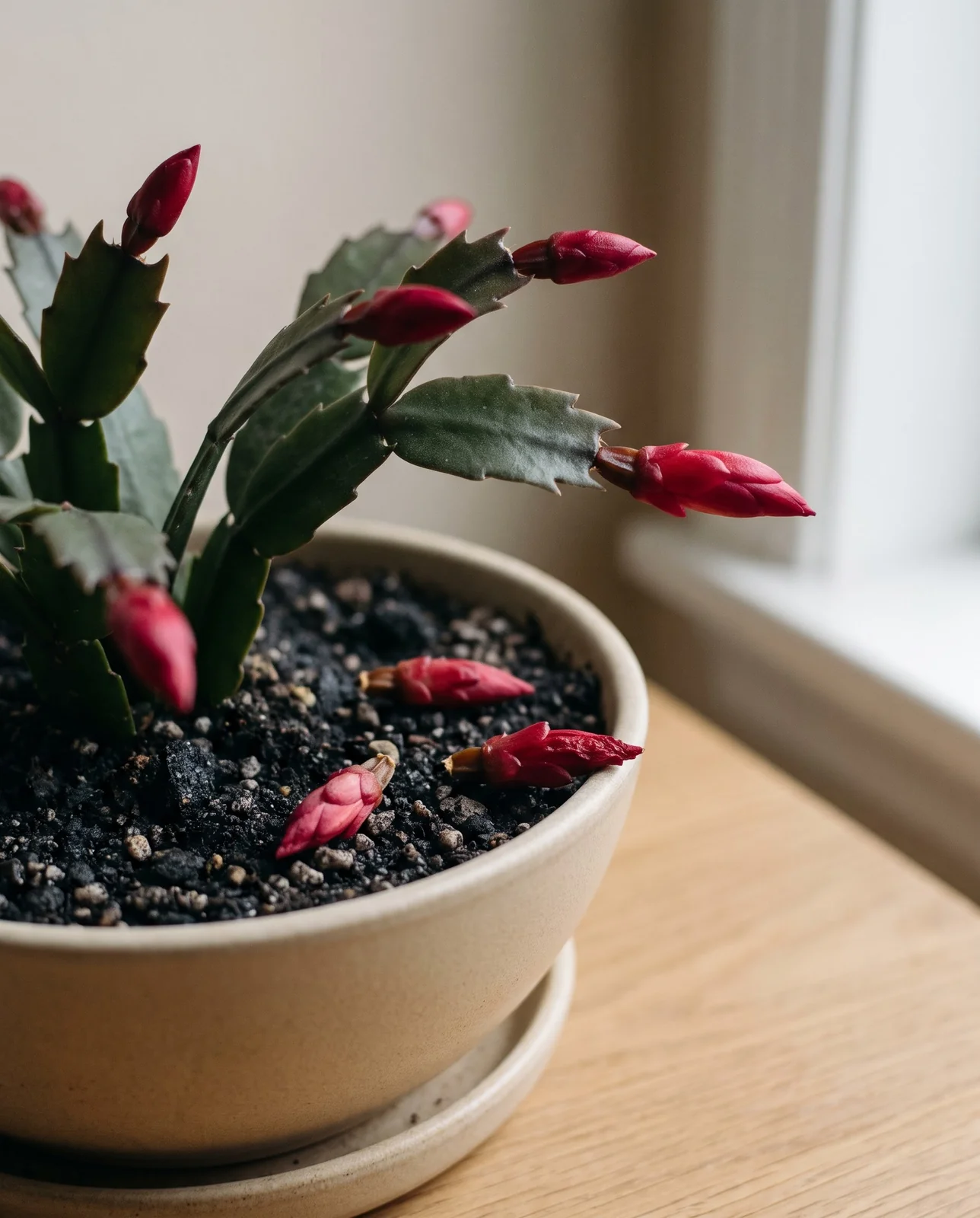 Intact and aborted Christmas cactus flower buds on soil and saucer