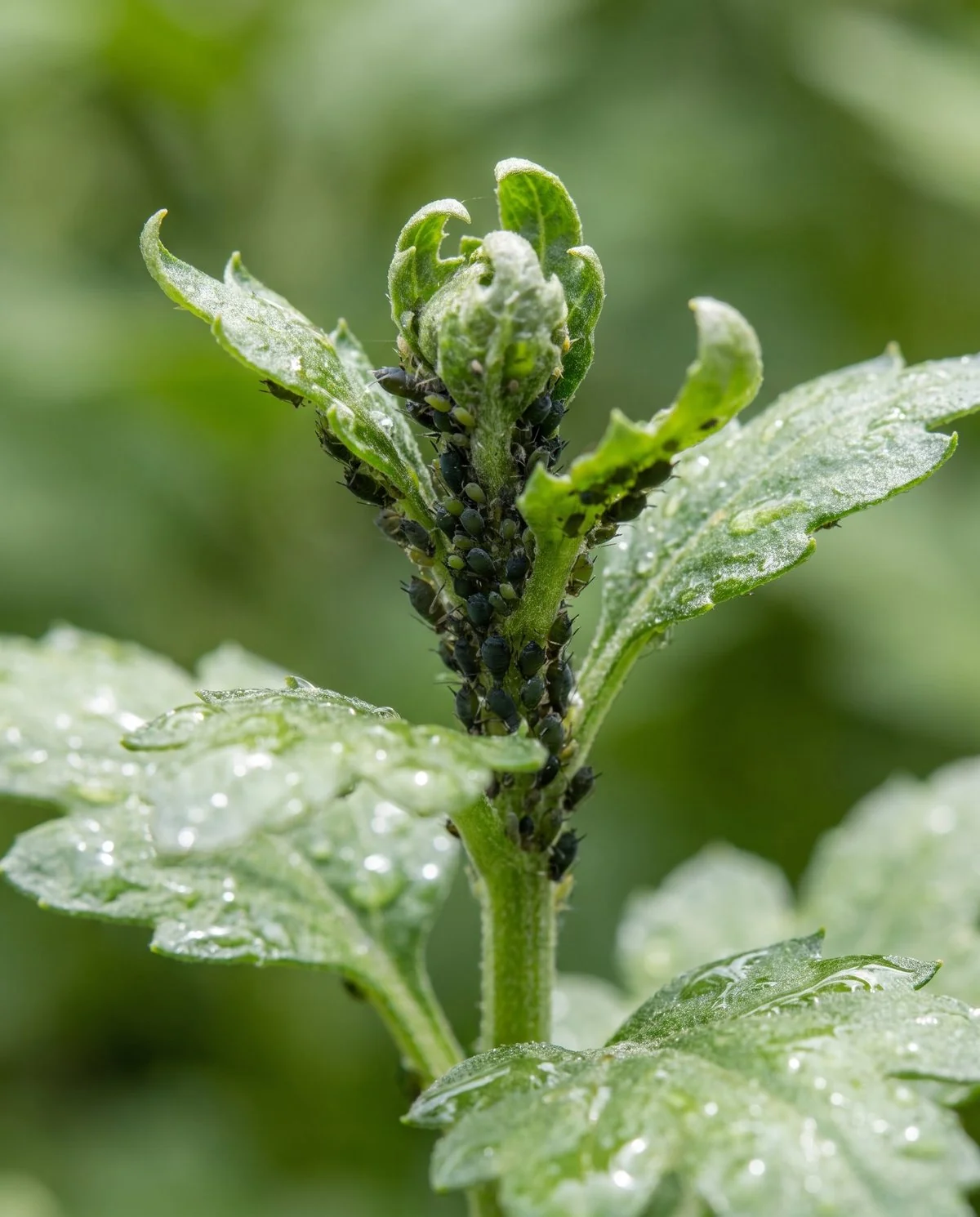 Soft-bodied aphids clustered on a chrysanthemum shoot tip with curled distorted new leaves and sticky honeydew