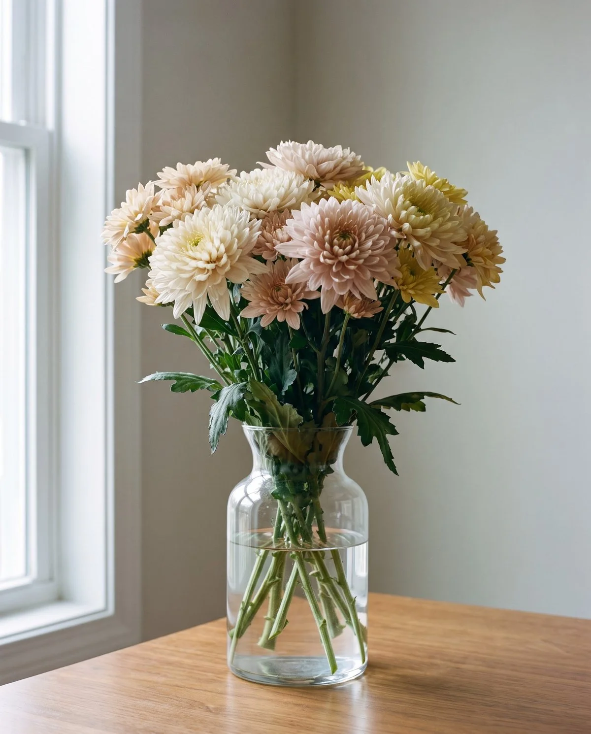 Cut chrysanthemum stems in a plain glass vase of clear water, the flowers just fully open