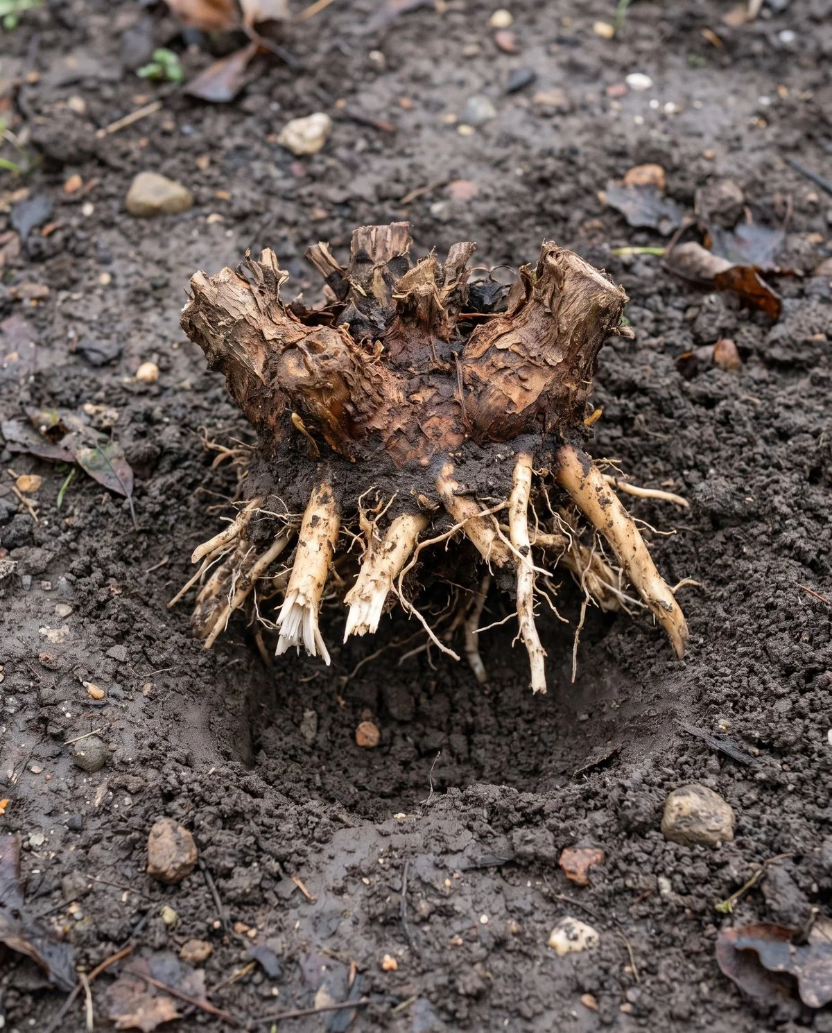 A chrysanthemum crown pushed up out of the ground by frost heaving, with torn pale roots exposed to the air