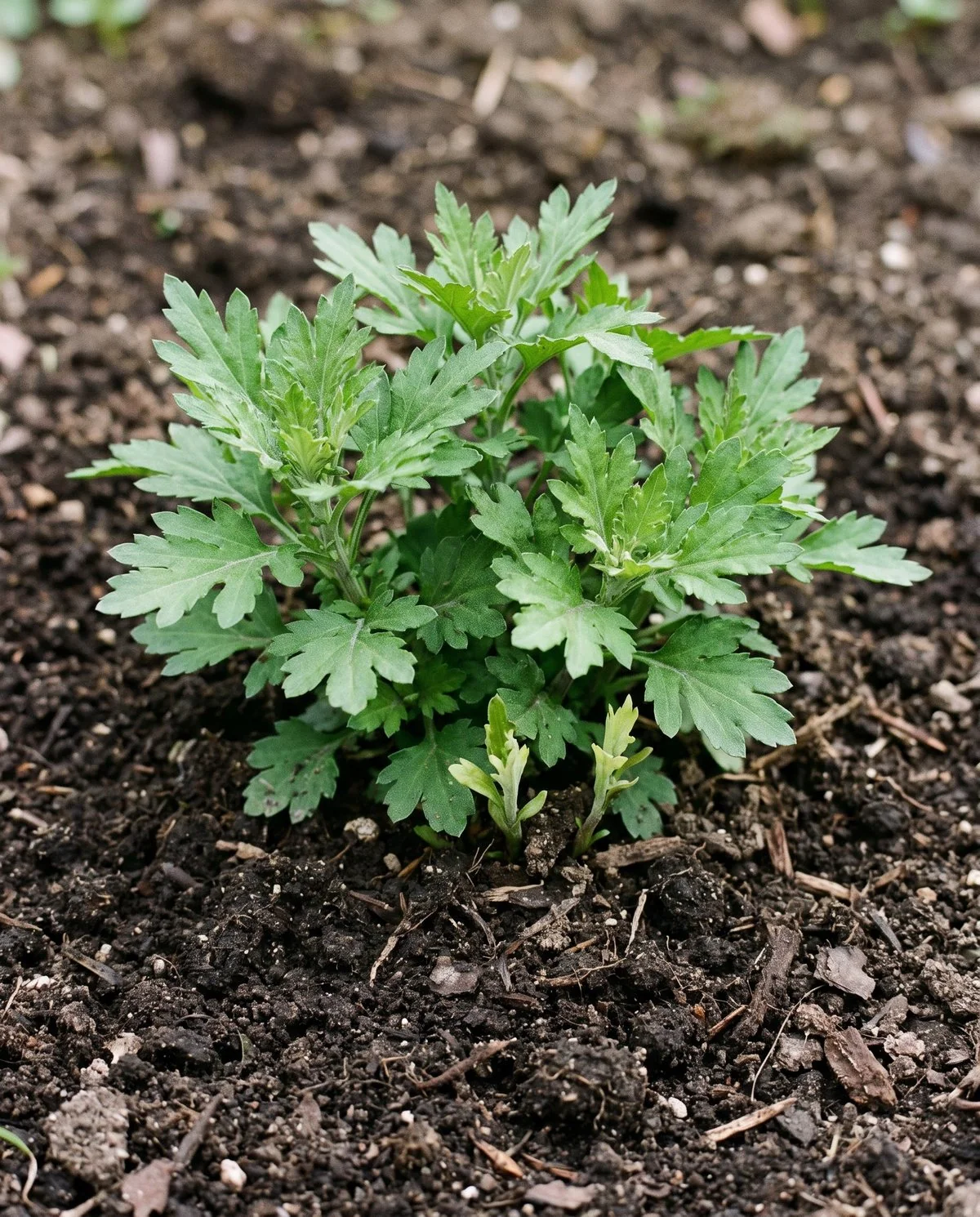 A young unbloomed garden chrysanthemum in spring, all leafy growth with no flowers and a well-rooted base