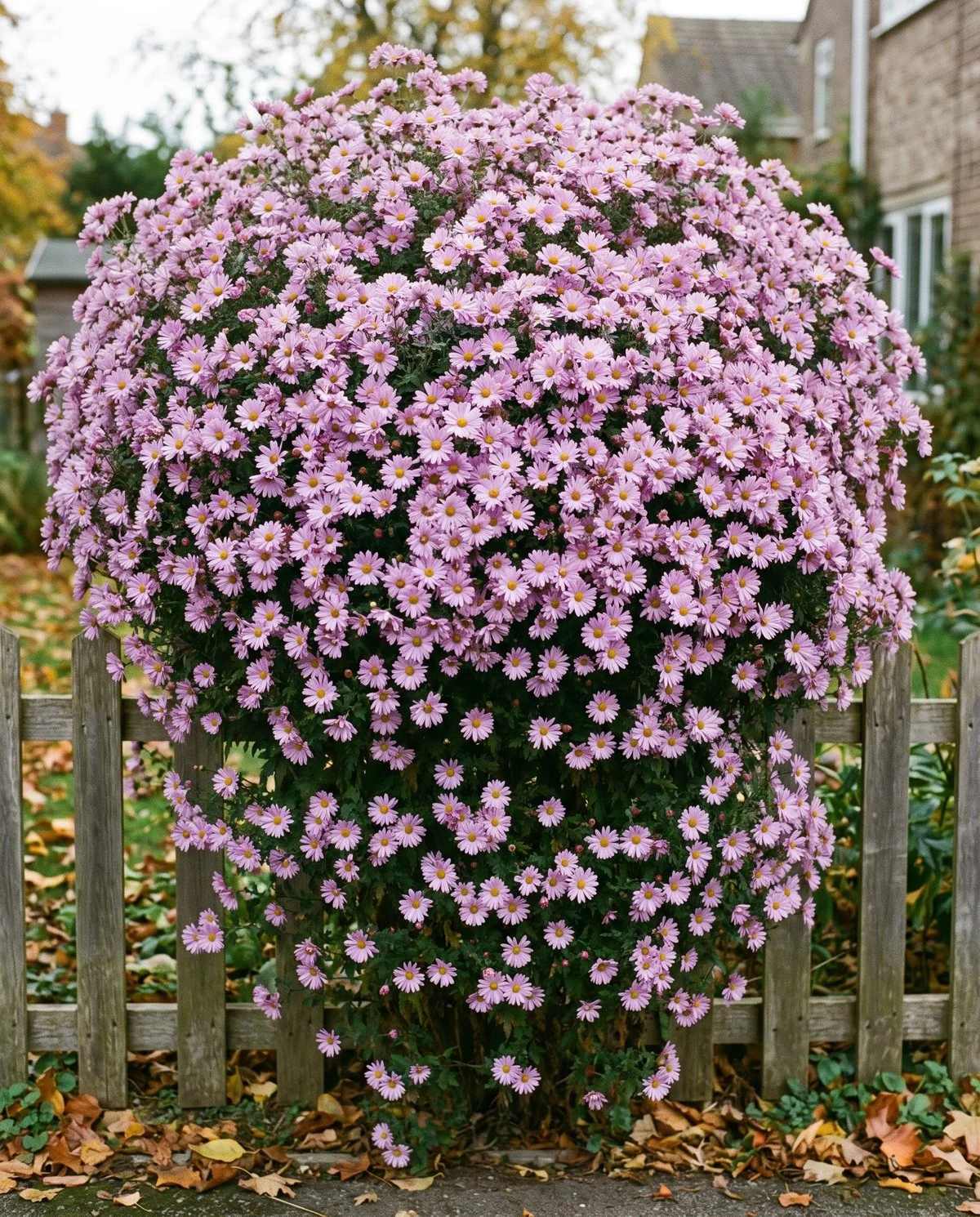 A shrub-sized chrysanthemum roughly waist high and four feet across, smothered in thousands of small flowers