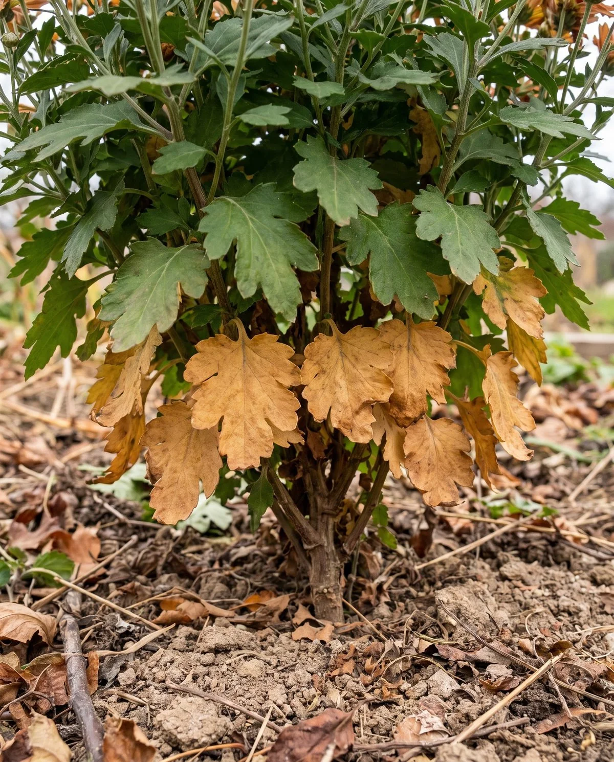 The lowest leaves on a chrysanthemum yellowing evenly together late in the season with no spots on them