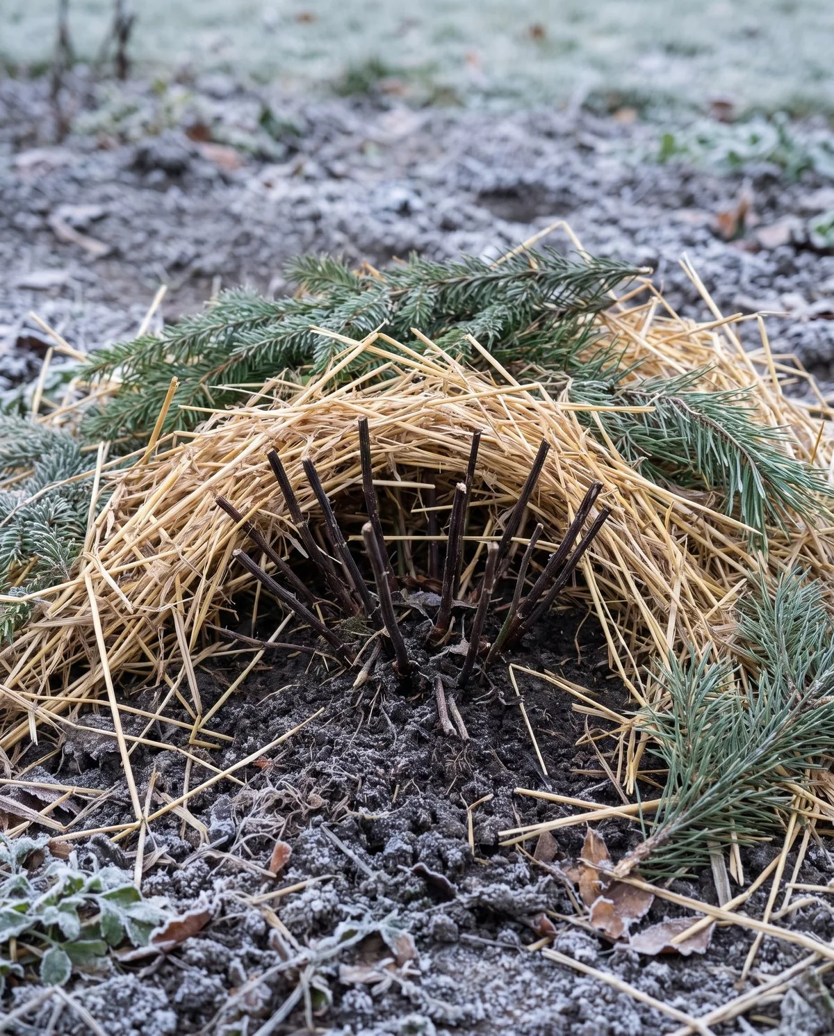 A cut-back chrysanthemum crown covered with loose straw and evergreen branches for winter