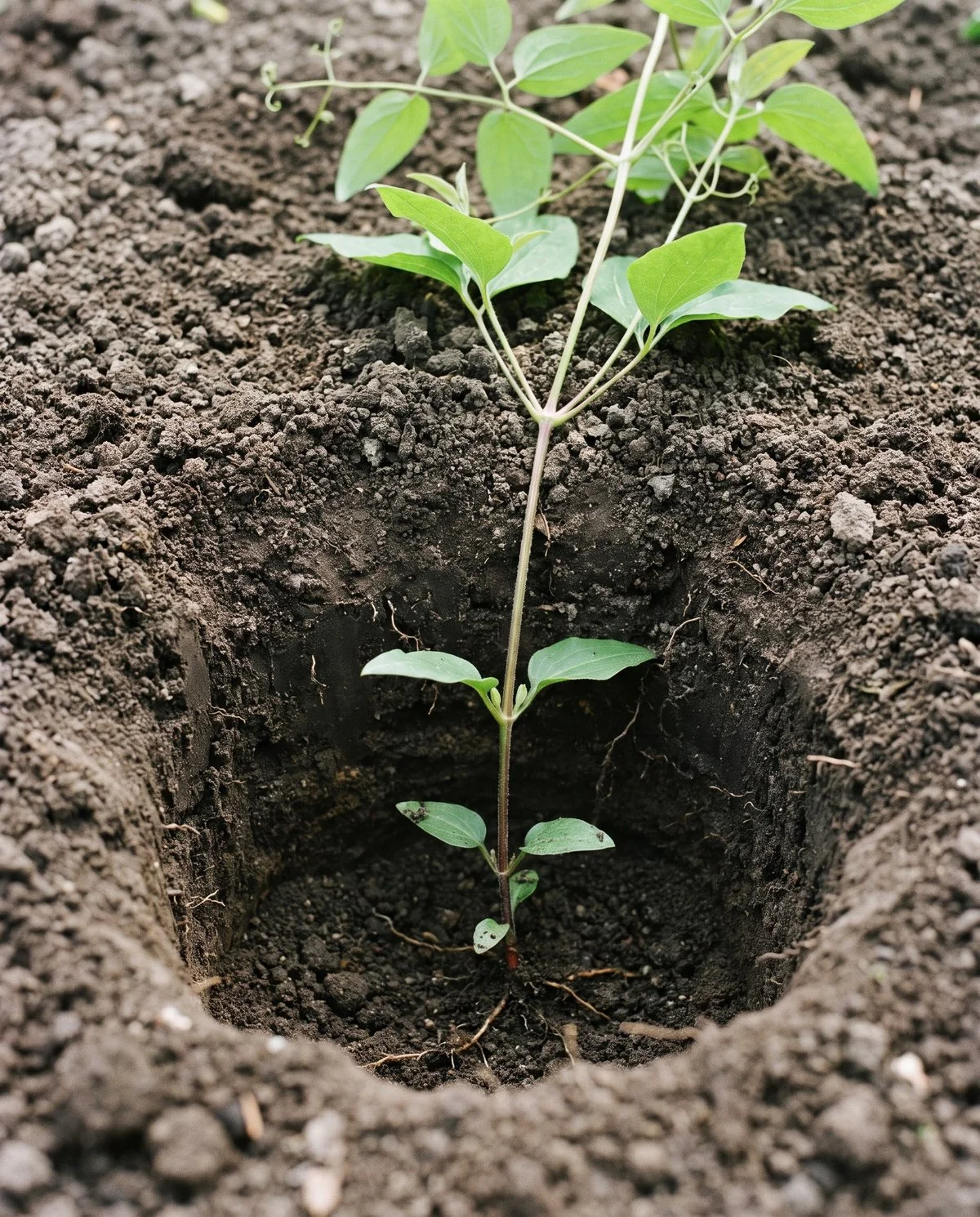 Side view of a planting hole with a clematis crown set below the soil line and two sets of leaf nodes buried