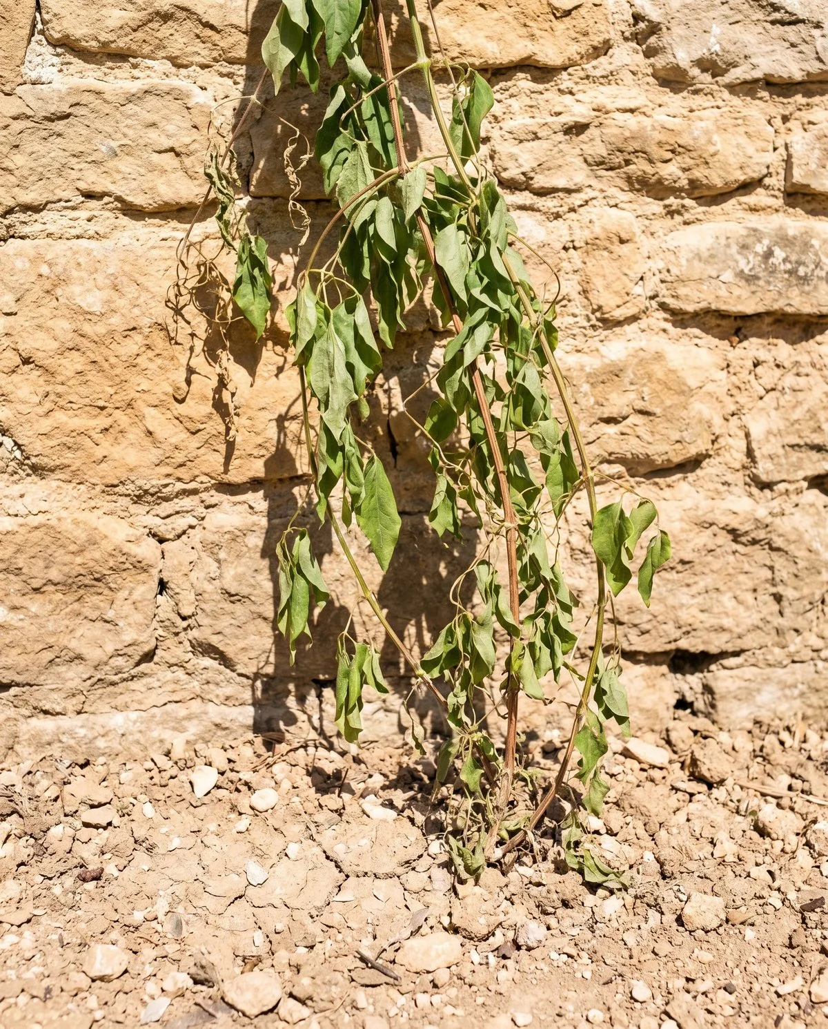 A clematis wilting all over in dry shallow soil on an exposed site, with no blackening anywhere on the stems