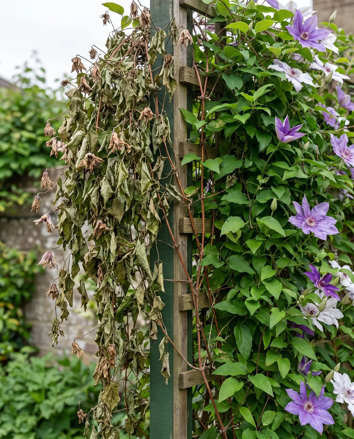 A clematis in full summer leaf where one section of the vine has collapsed and dried while the rest stays green
