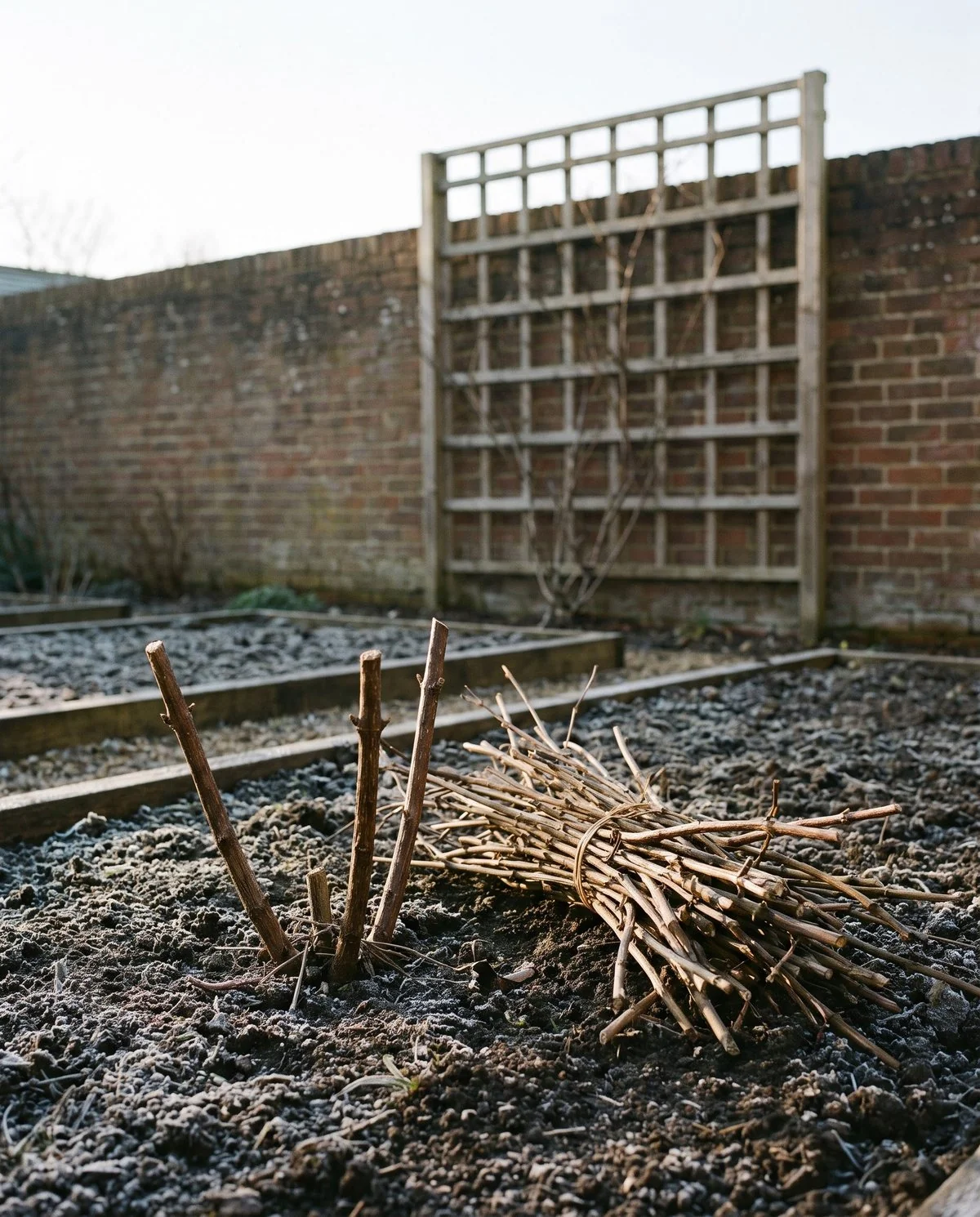 The same kind of clematis cut back to bare short stubs a few inches above the soil, with an empty trellis behind it