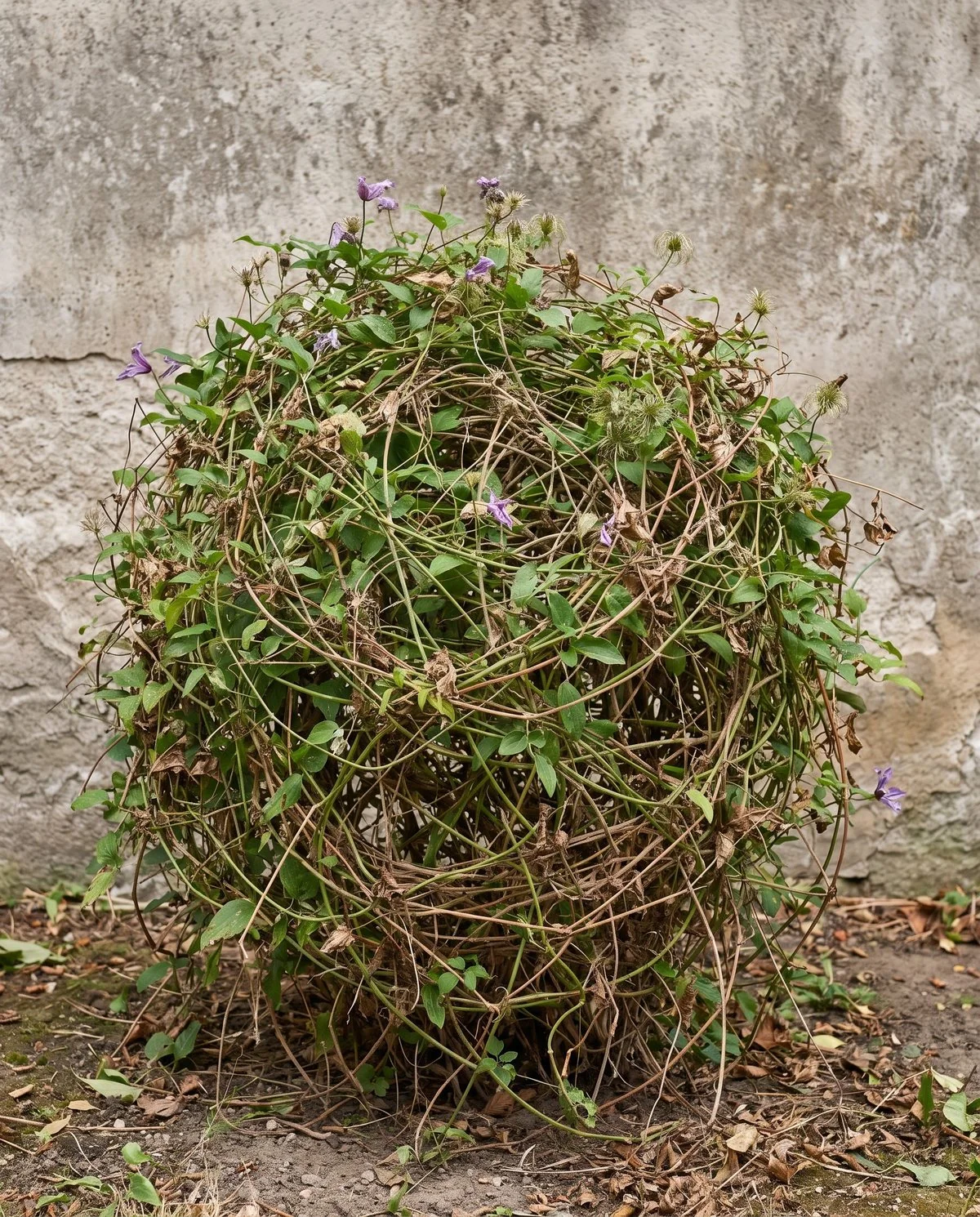A dense self-knotted ball of clematis stems with no support structure anywhere inside it