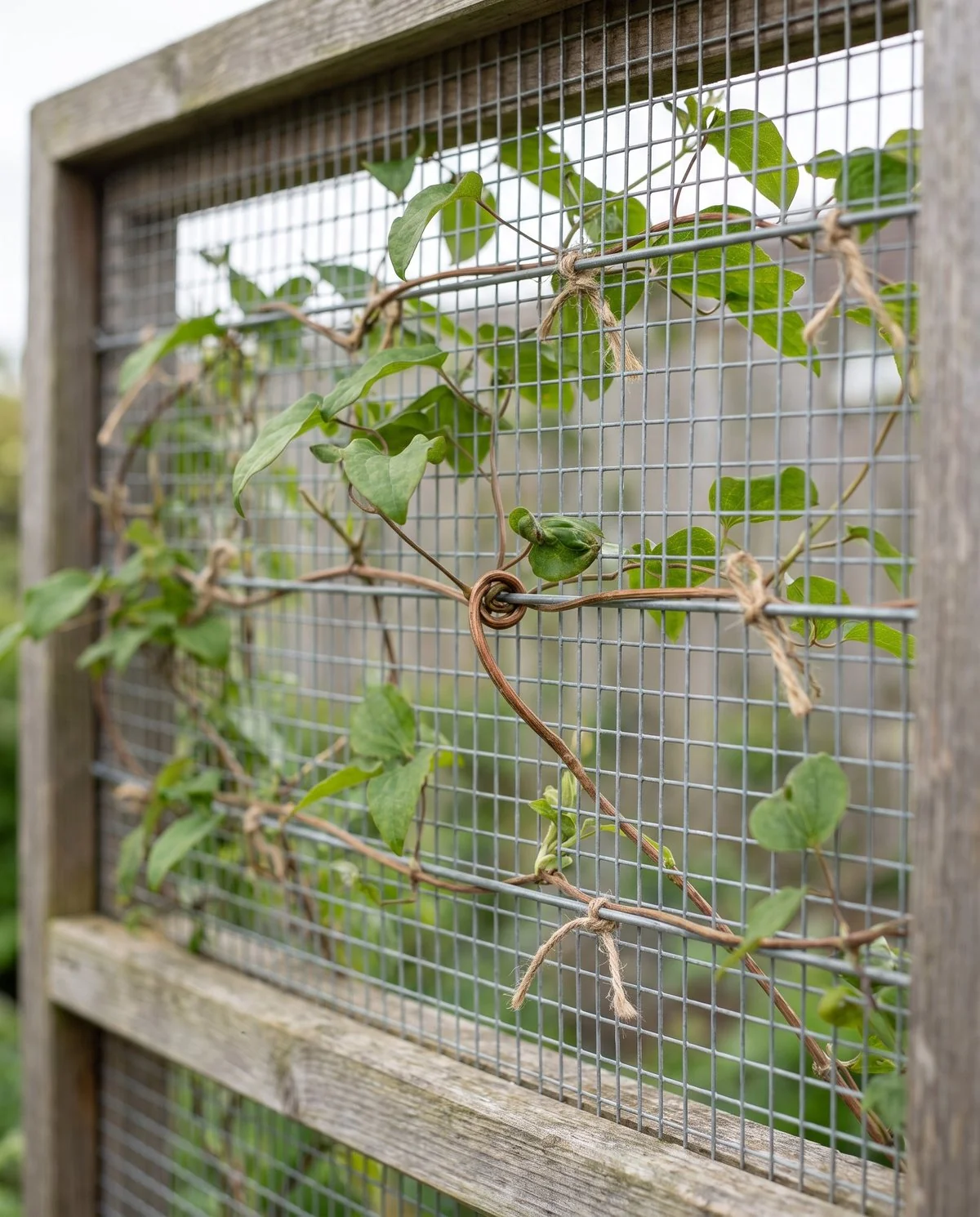 A clematis spread evenly across a wire mesh with its leaf stalks visibly curled around individual wires