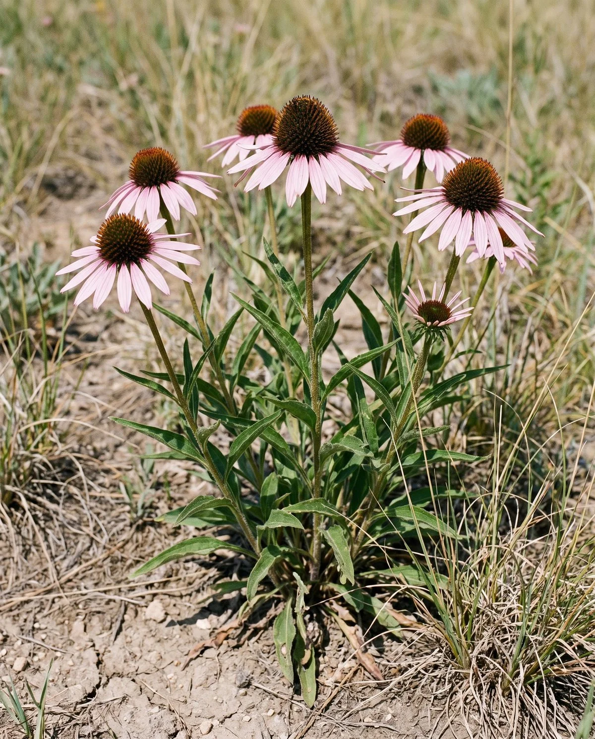 Narrow-leaved coneflower, a low prairie plant with short pale petals and narrow hairy leaves in dry ground