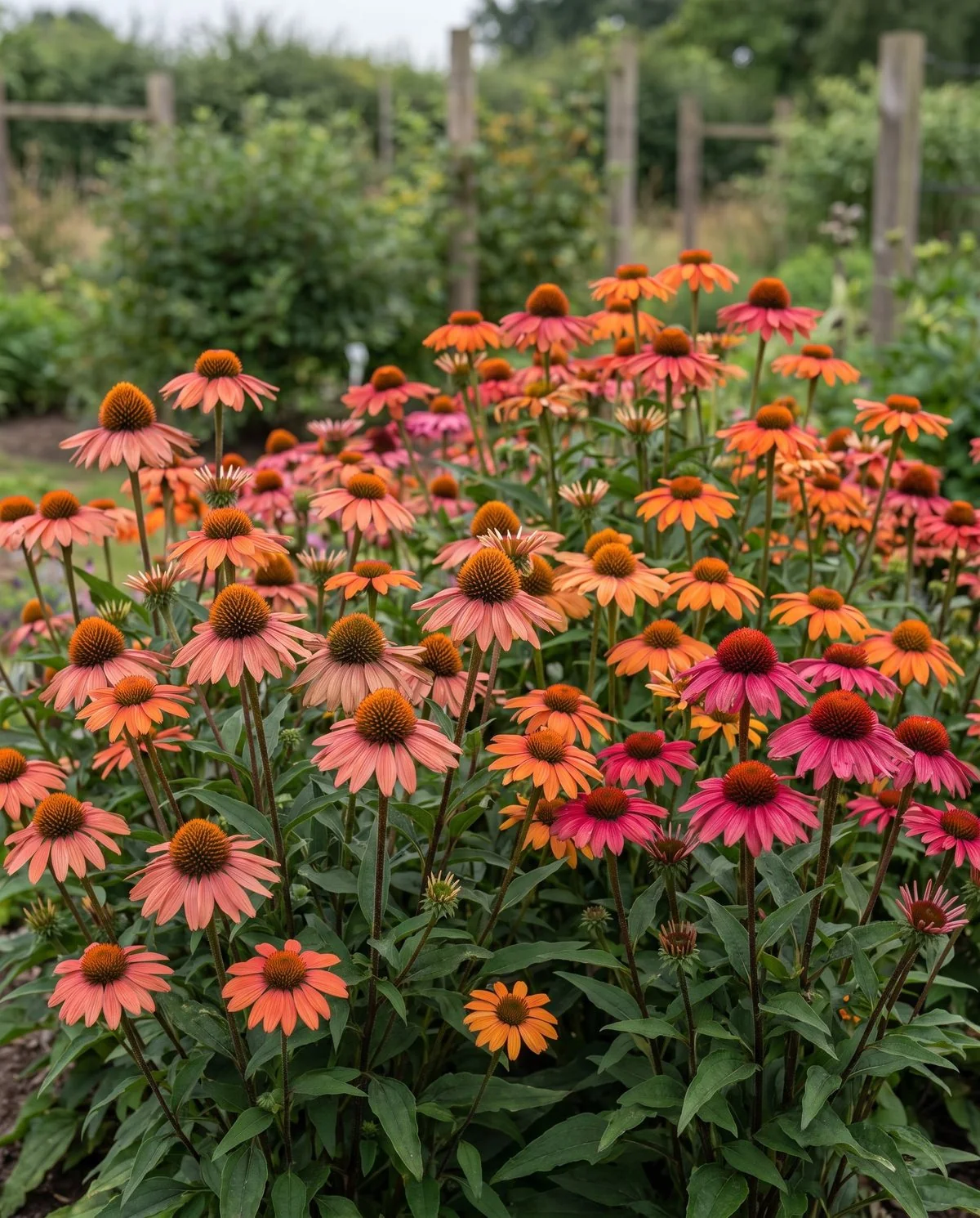 A group of coloured coneflower cultivars in coral, orange and deep pink flowering together in a garden bed