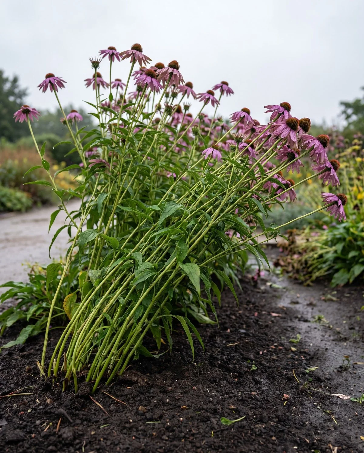 A tall coneflower clump leaning and sprawling outward in late summer while staying green and firm at the base