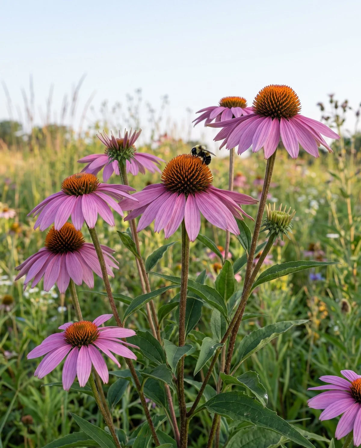 Purple coneflower in a sunny border, rosy purple petals sweeping back from a raised orange-brown cone