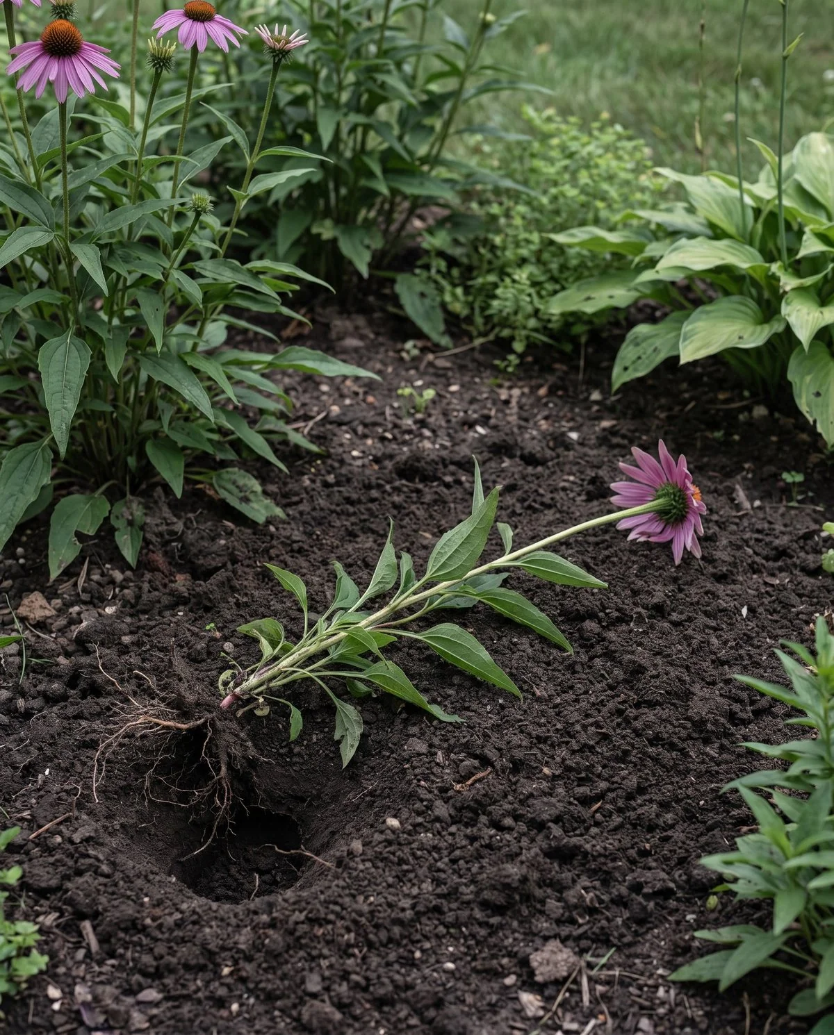 A whole coneflower plant fallen sideways with all its foliage and flowers intact and loose soil at the base