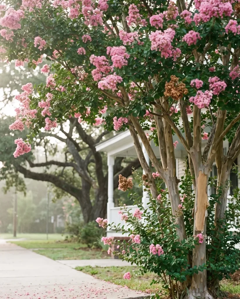 A multi-trunked crape myrtle in full pink bloom over a sidewalk on a Southern street in July