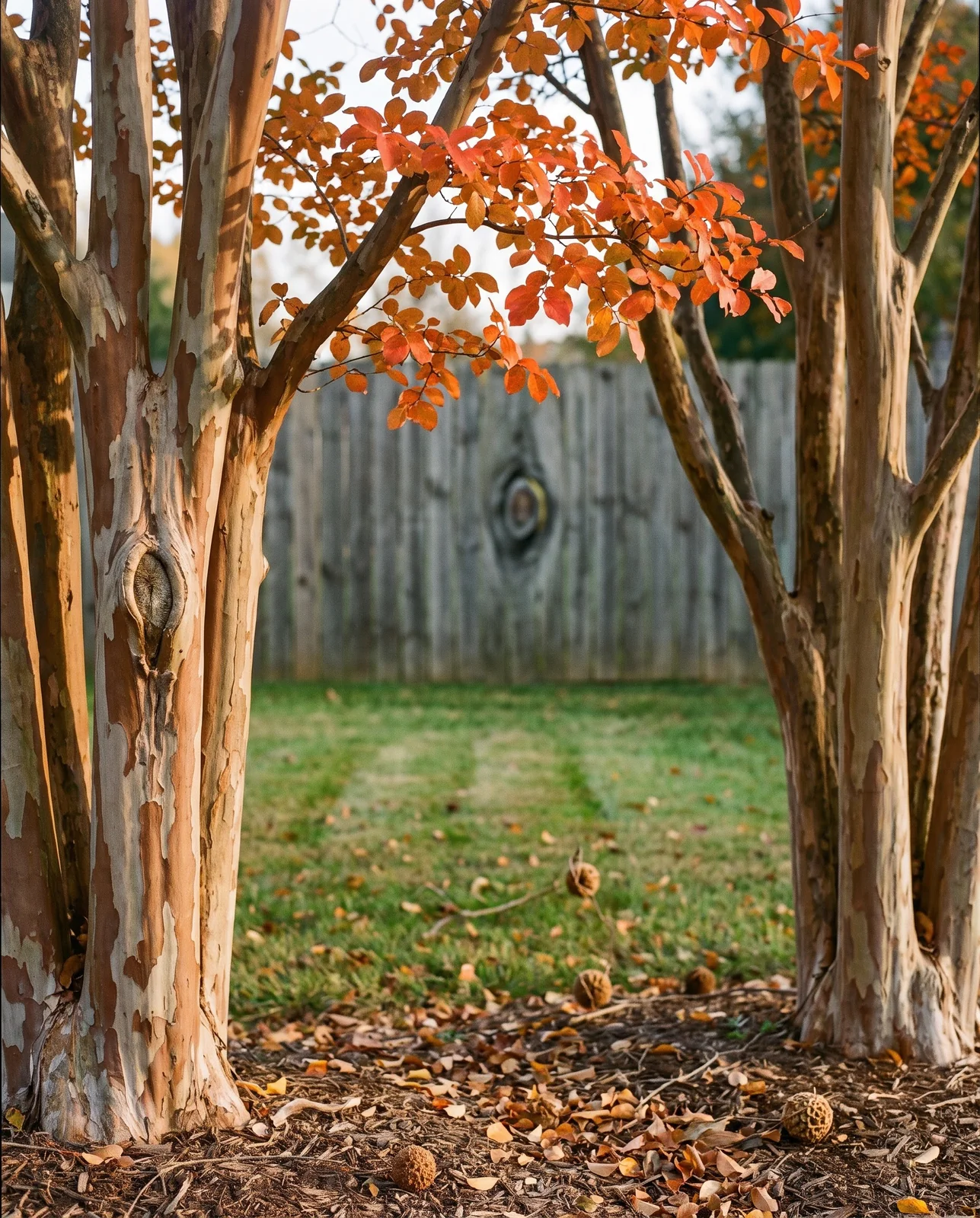 Smooth cinnamon and grey crape myrtle trunks with orange-red autumn leaves above and fallen leaves below