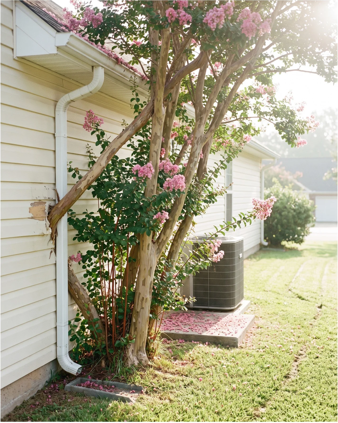 A large crape myrtle planted too close to a house with branches pressed against the siding and gutter and suckers at the base