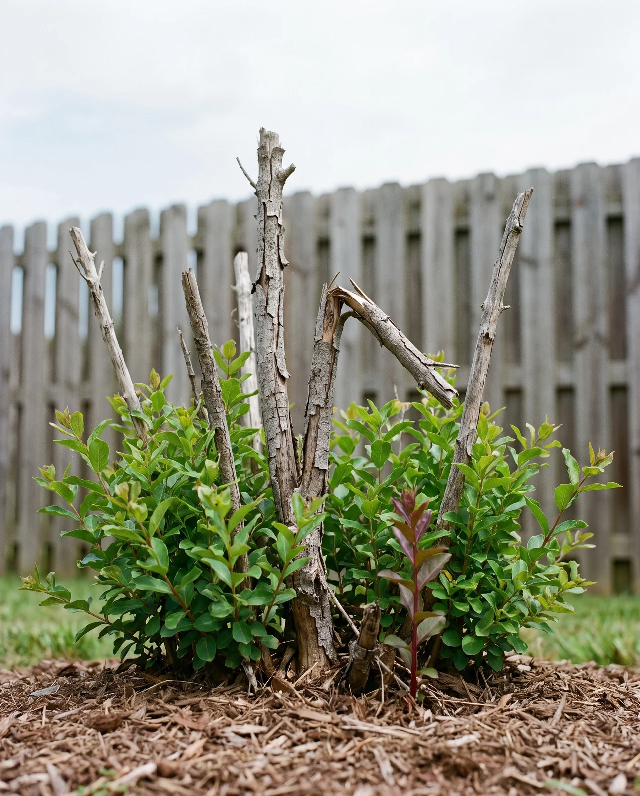 A crape myrtle in a cold-climate yard in June with dead grey top stems and fresh shoots pushing from the base