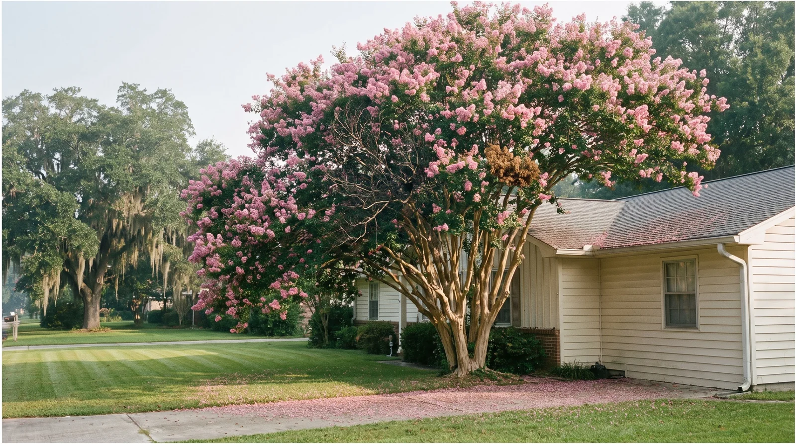Wide view of a mature tree-form crape myrtle in bloom beside a single-story house, its crown above the roof