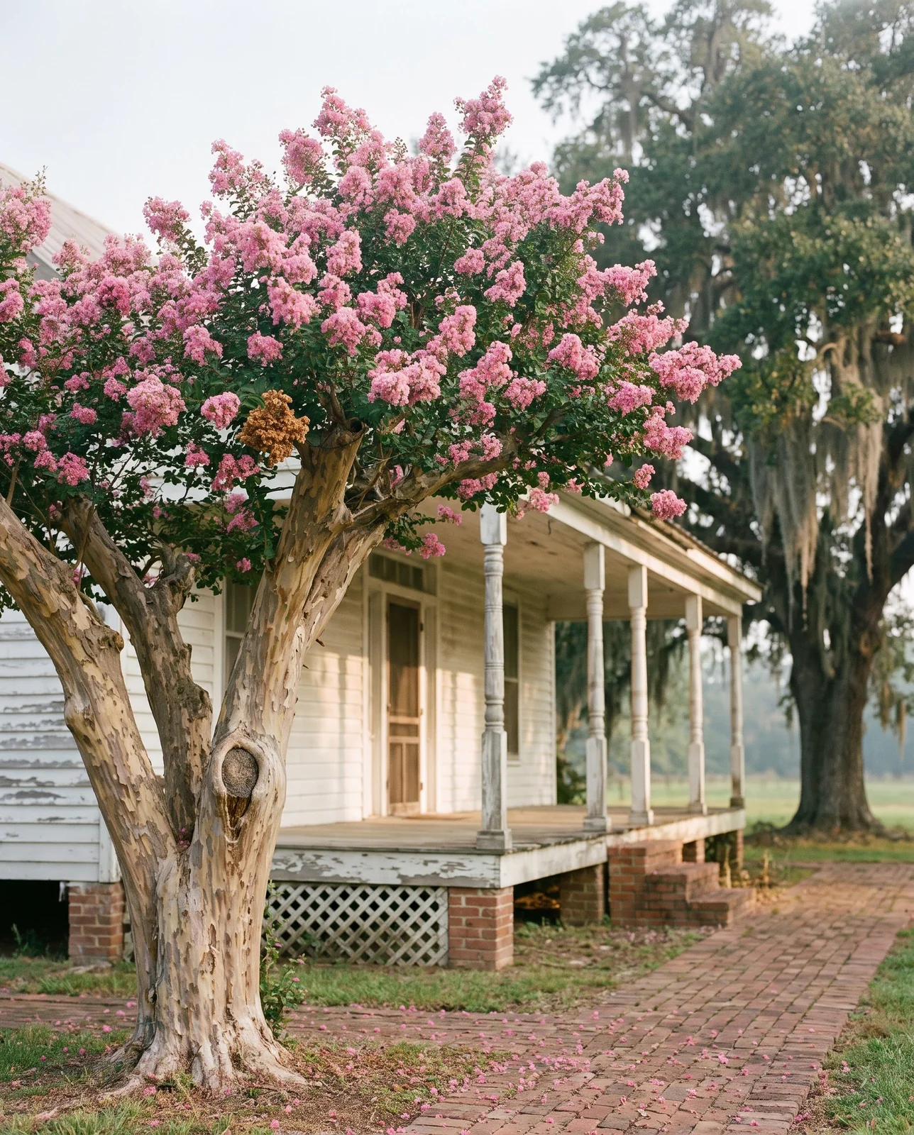 An old crape myrtle in bloom in front of a raised Southern house with a deep porch and brick walk