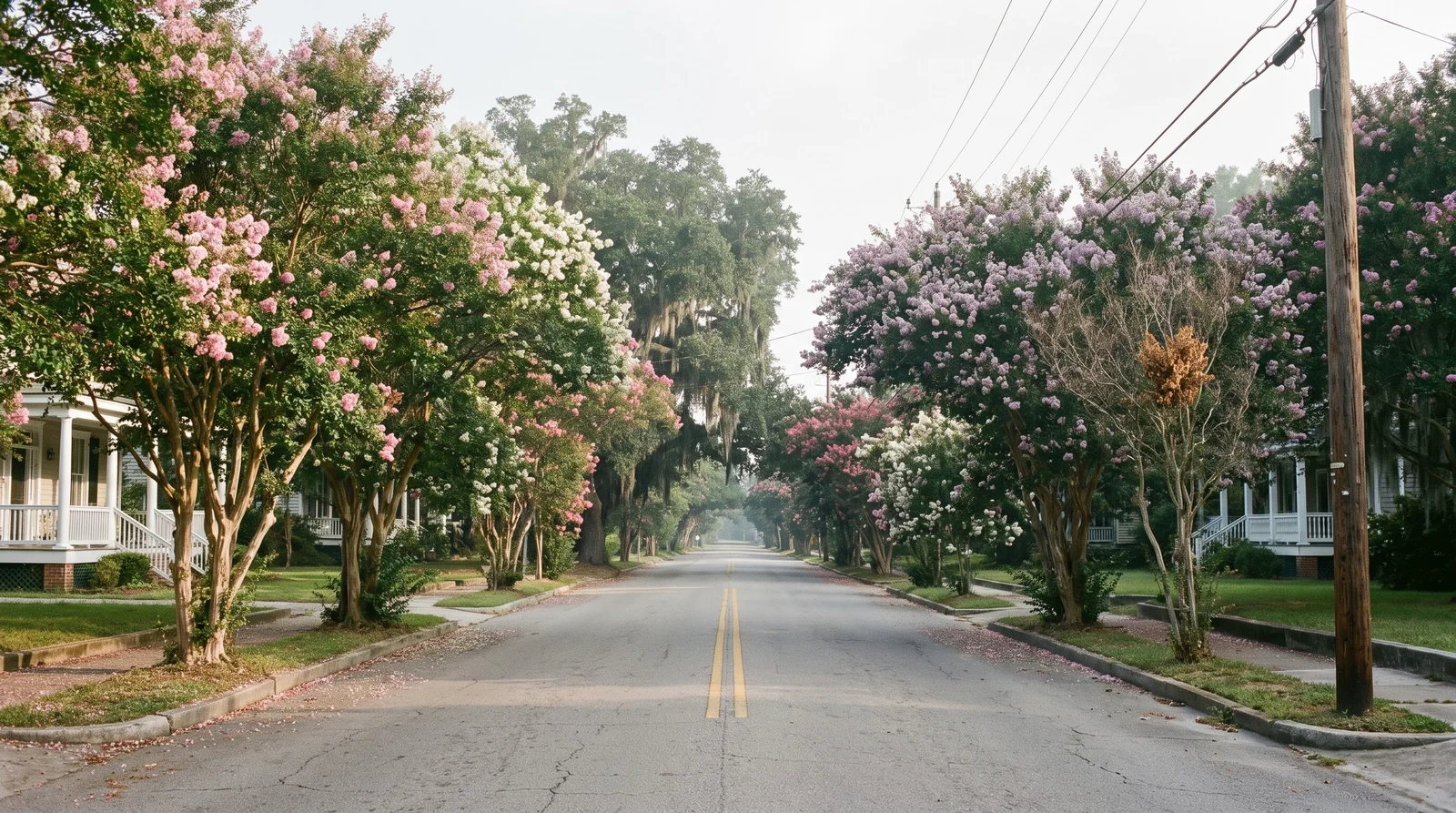 Wide view of a Southern residential street lined with crape myrtles in pink and white bloom over the sidewalks