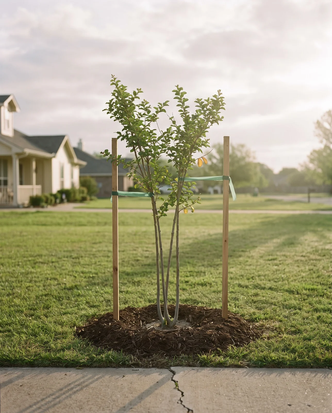 A newly planted young crape myrtle staked in a lawn with a mulch ring and open space around it