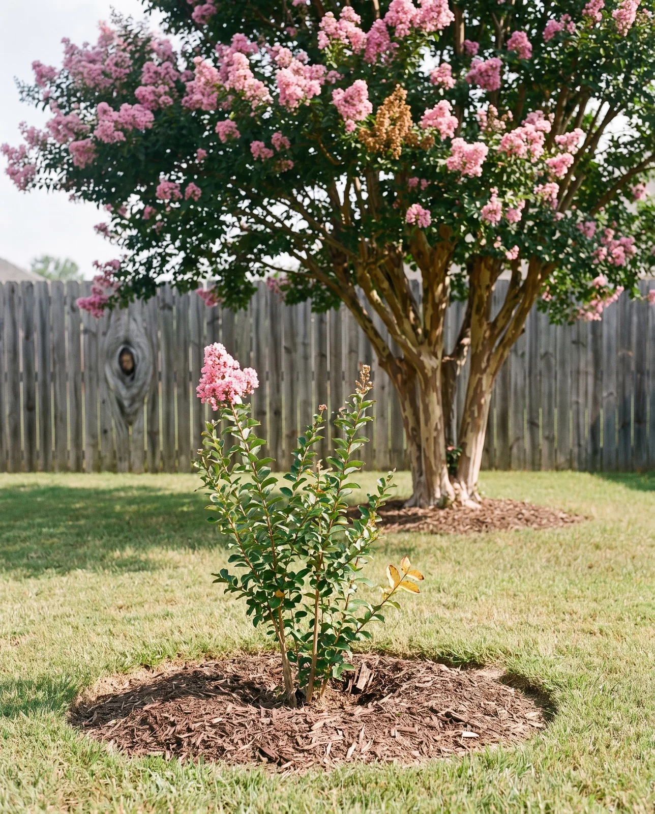 A young crape myrtle in its first year beside a mature tree-form crape myrtle in full bloom in the same yard