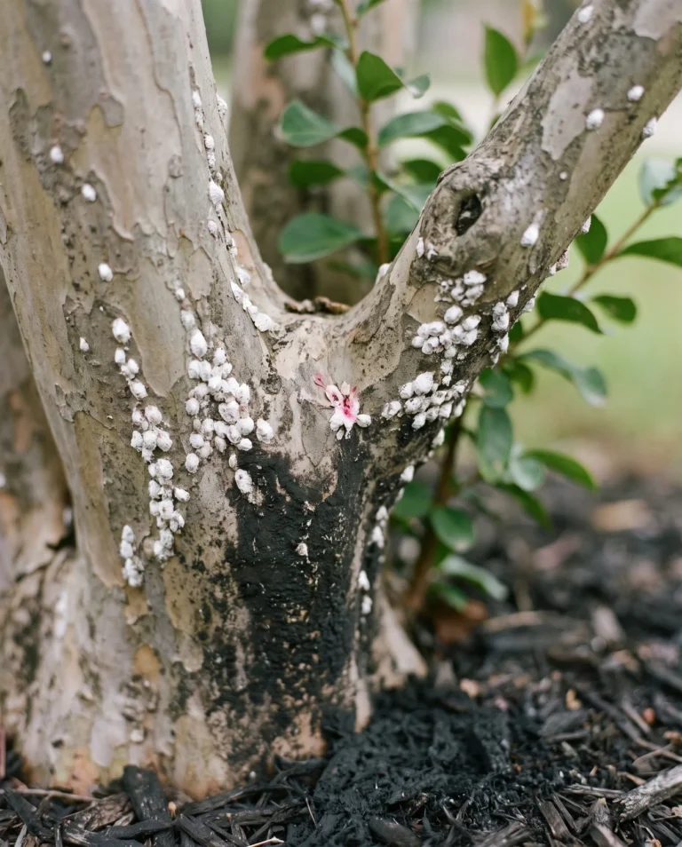 Close view of crape myrtle bark with white felt-like scale insects clustered at branch crotches and a black film on the trunk below