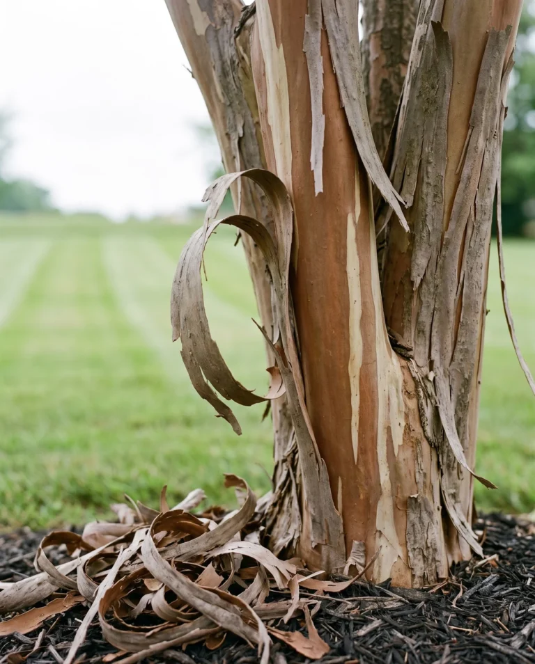 Close view of a crape myrtle trunk shedding bark in curling strips to reveal smooth fresh cinnamon bark beneath