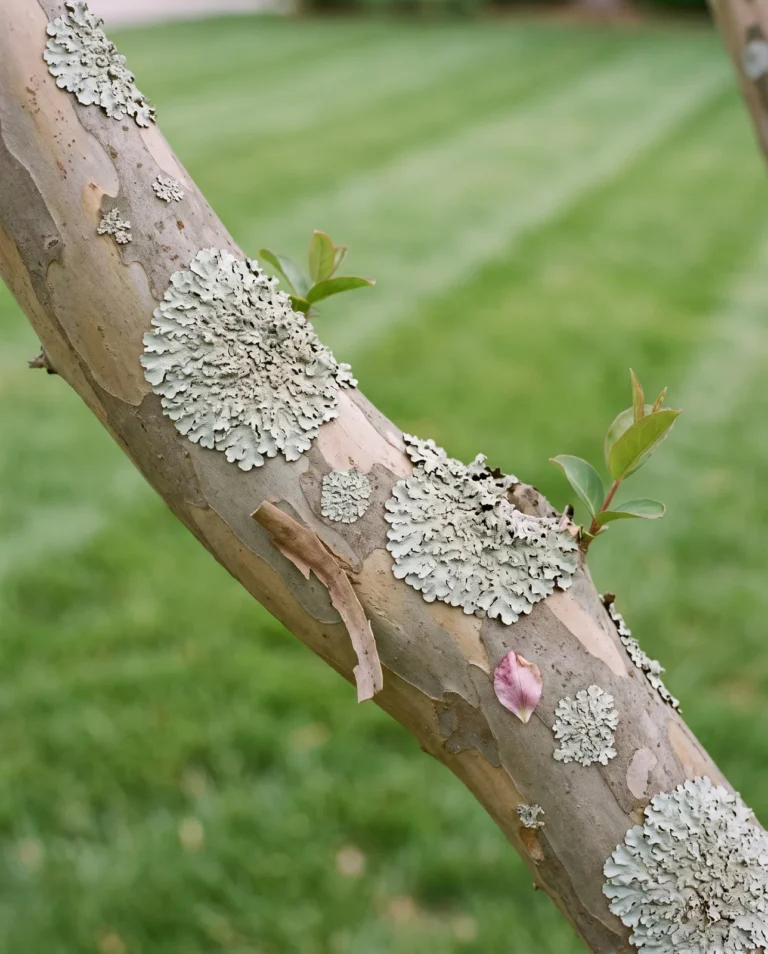 Close view of a crape myrtle branch with pale grey-green lichen patches on clean bark and no film or insects