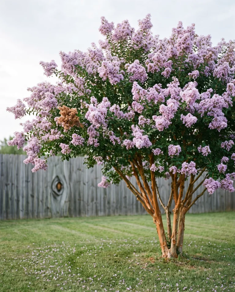 Apalachee crape myrtle with light lavender panicles and cinnamon-orange bark on an upright tree