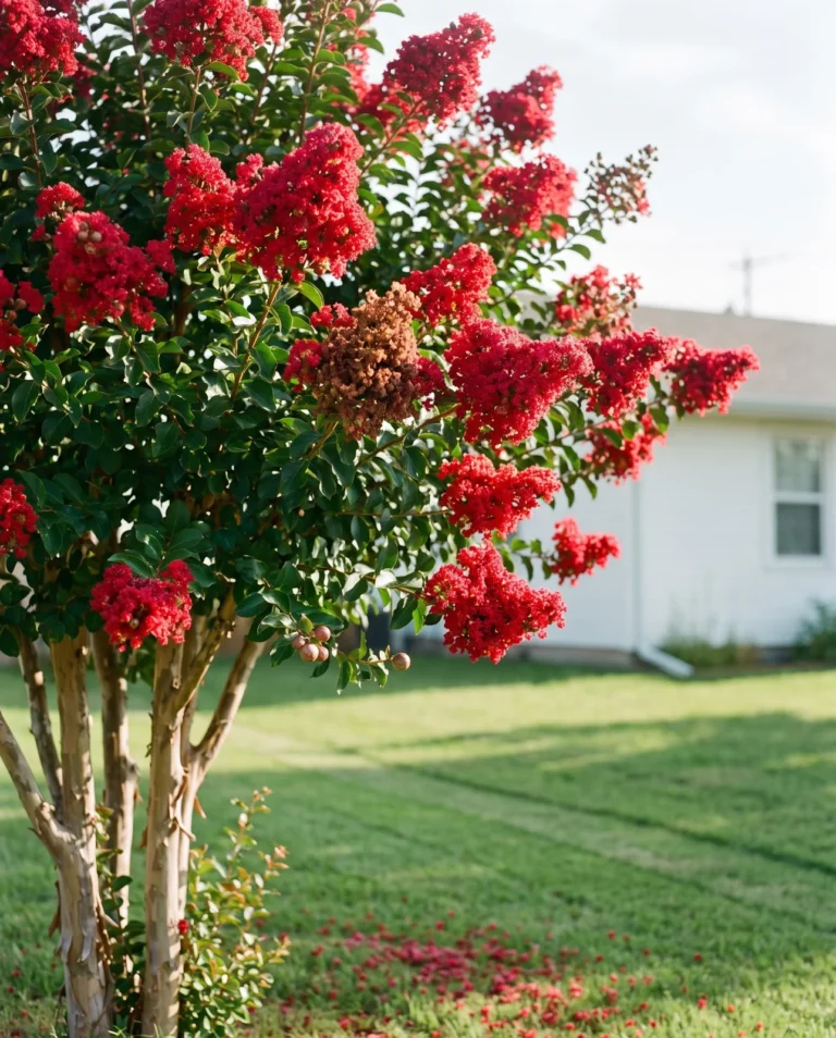 Dynamite crape myrtle with true red panicles on a small tree in a sunny yard