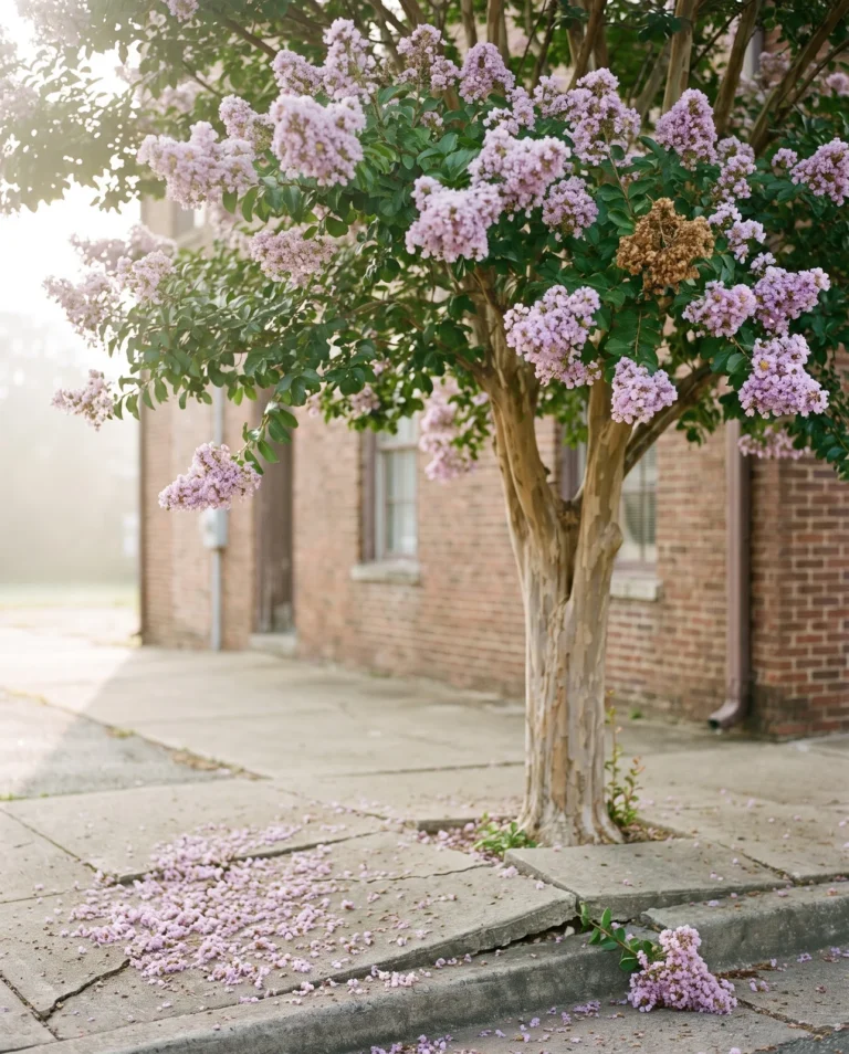 Muskogee crape myrtle with light lavender panicles on a tall tree beside a street