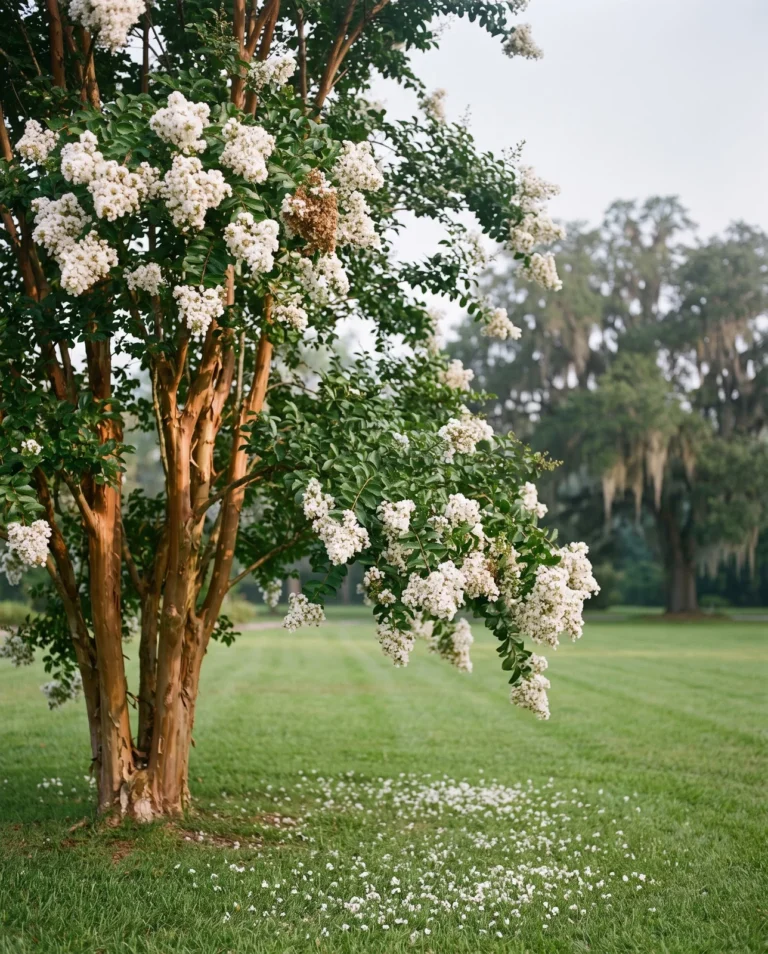 Natchez crape myrtle with white panicles and cinnamon exfoliating bark on a tall tree in a yard