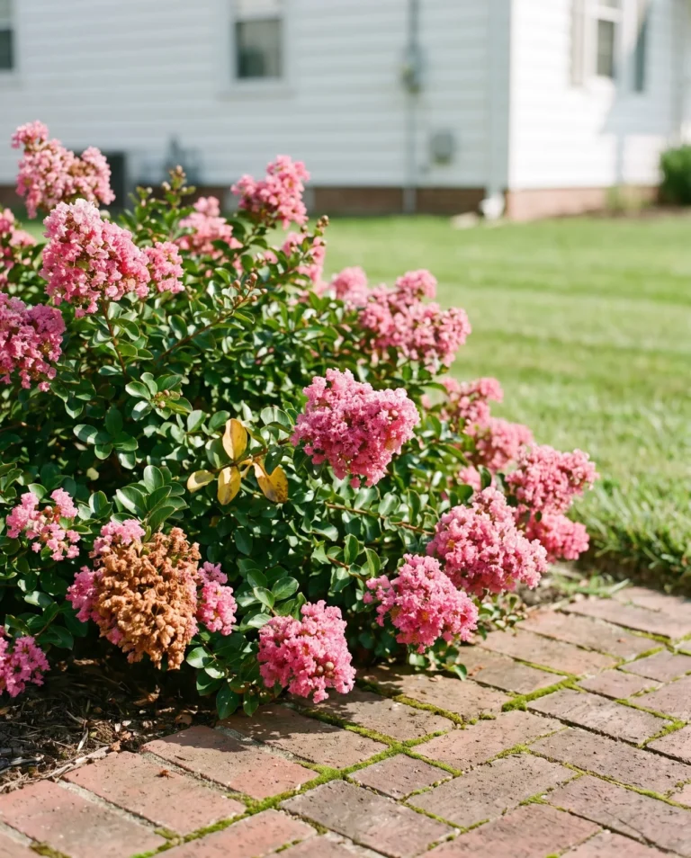 Pocomoke dwarf crape myrtle as a low rose-pink mound in a sunny front bed by a walk