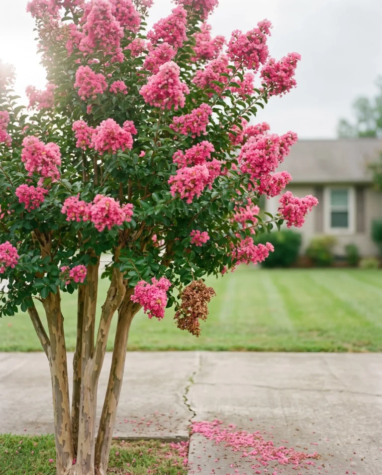 Sioux crape myrtle with bright pink panicles on a narrow upright tree beside a driveway