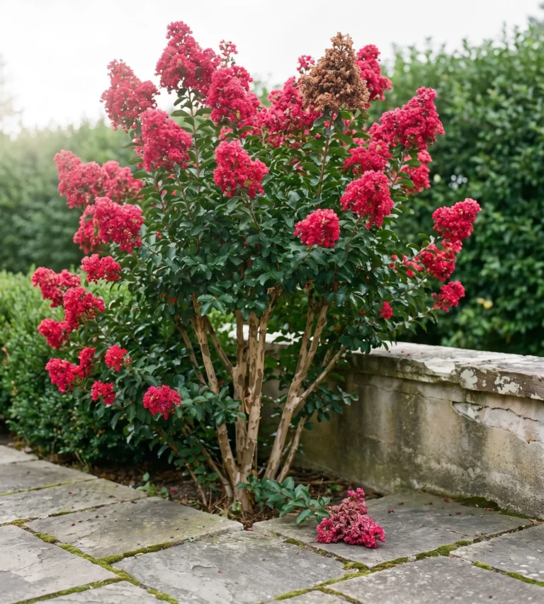 Tonto semi-dwarf crape myrtle with fuchsia-red panicles on a multi-stemmed shrub by a patio